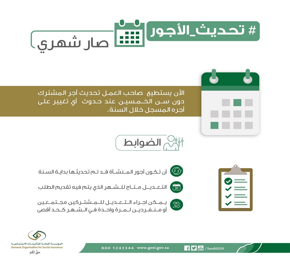 التأمينات السعودية تتيح لصاحب العمل تعديل أجر المشترك خلال السنة معلومات مباشر