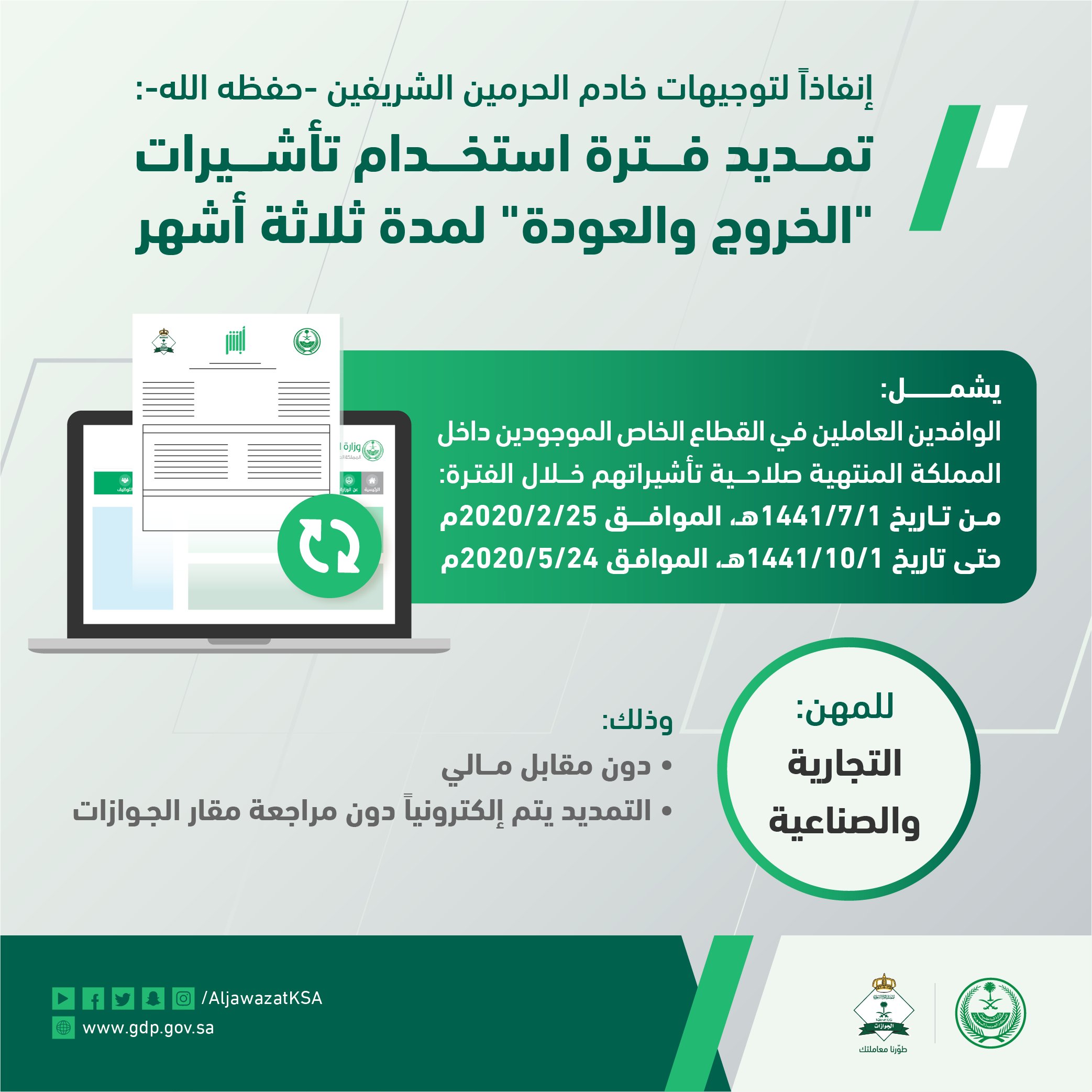 السعودية تمدد تأشيرات الخروج والعودة للوافدين 3 أشهر إضافية مجانا معلومات مباشر