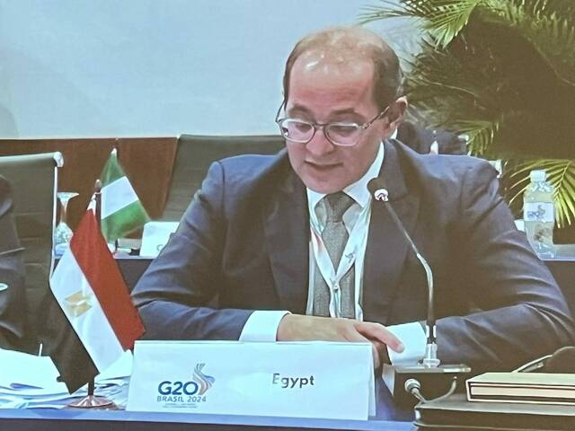 وزير المالية المصري أحمد كجوك أثناء كلمته باجتماعات مجموعة العشرين بالبرازيل