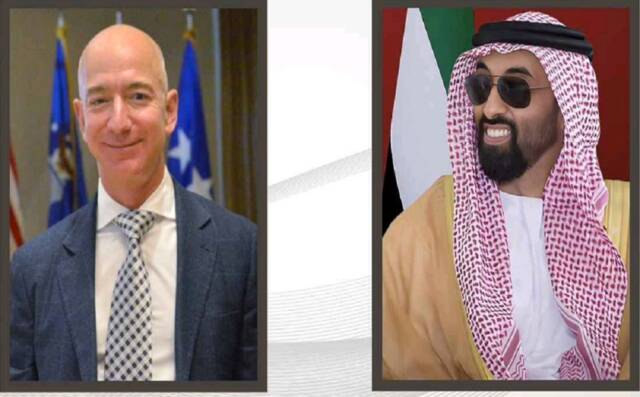 الشيخ طحنون بن زايد آل نهيان نائب حاكم إمارة أبوظبي وجيف بيزوس المؤسس والرئيس التنفيذي لشركة أمازون