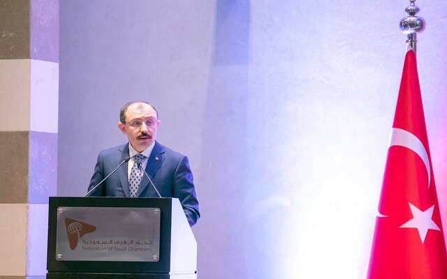 وزير التجارة التركي خلال كلمته في ملتقى الأعمال السعودي التركي بالرياض