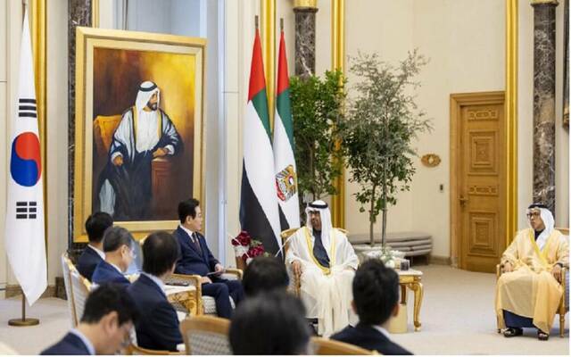 خلال لقاء الشيخ محمد بن زايد آل نهيان رئيس دولة الإمارات لي جيه ميونغ رئيس جمهورية كوريا