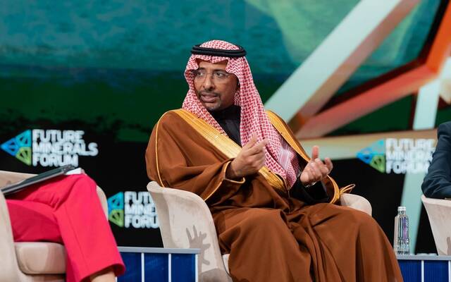 وزير الصناعة والثروة المعدنية، بندر بن إبراهيم الخريف، خلال جلسة حوارية في مؤتمر التعدين الدولي بالرياض