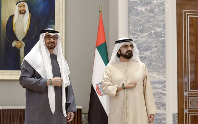 الشيخ محمد بن زايد آل نهيان رئيس الإمارات والشيخ محمد بن راشد آل مكتوم نائب رئيس الدولة