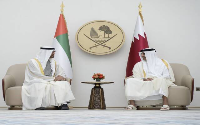 خلال استقبال أمير دولة قطر تميم بن حمد آل ثاني اليوم الاثنين محمد بن زايد آل نهيان رئيس دولة الإمارات العربية المتحدة