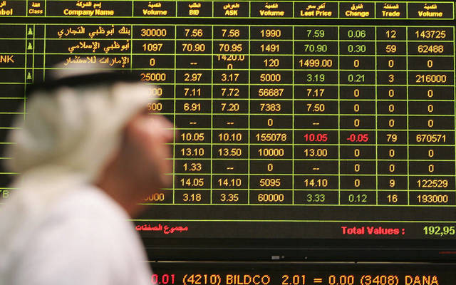 متعاملون يتابعون الأسعار بقاعة سوق أبوظبي المالي