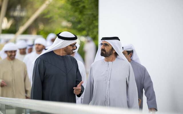 الشيخ محمد بن زايد آل نهيان رئيس الإمارات والشيخ محمد بن راشد آل مكتوم نائب رئيس الدولة