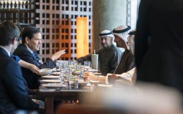 جانب من لقاء الشيخ محمد بن زايد آل نهيان رئيس دولة الإمارات وزير الخارجية الأمريكي ماركو روبيو